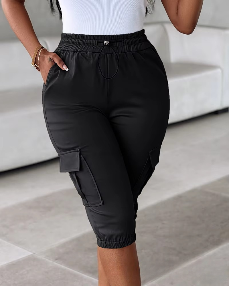Casual Solid Lace Up Regular Slim Fit Elastic Waist Calf Length Pant Mssza