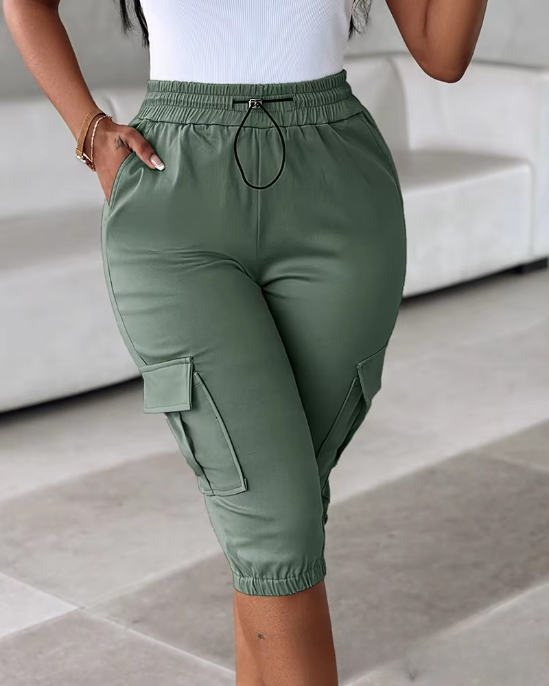 Casual Solid Lace Up Regular Slim Fit Elastic Waist Calf Length Pant Mssza