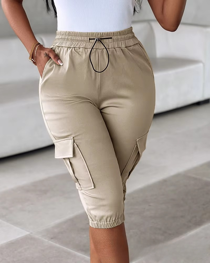 Casual Solid Lace Up Regular Slim Fit Elastic Waist Calf Length Pant Mssza