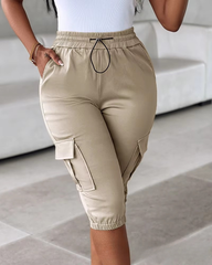 Casual Solid Lace Up Regular Slim Fit Elastic Waist Calf Length Pant Mssza