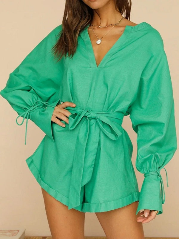Casual Solid Lace Up V-Neck Long Sleeve Jumpsuits Mssza