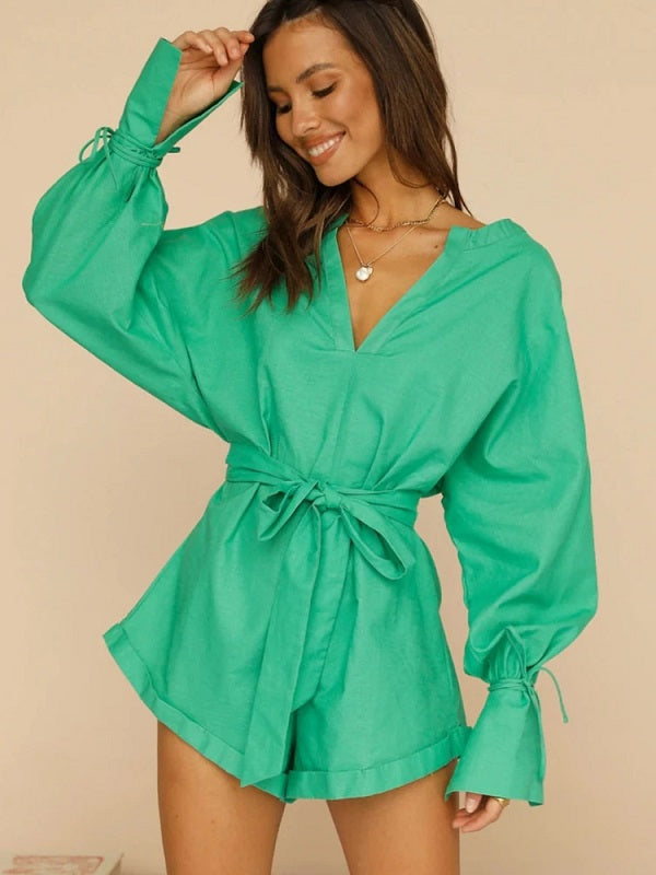 Casual Solid Lace Up V-Neck Long Sleeve Jumpsuits Mssza