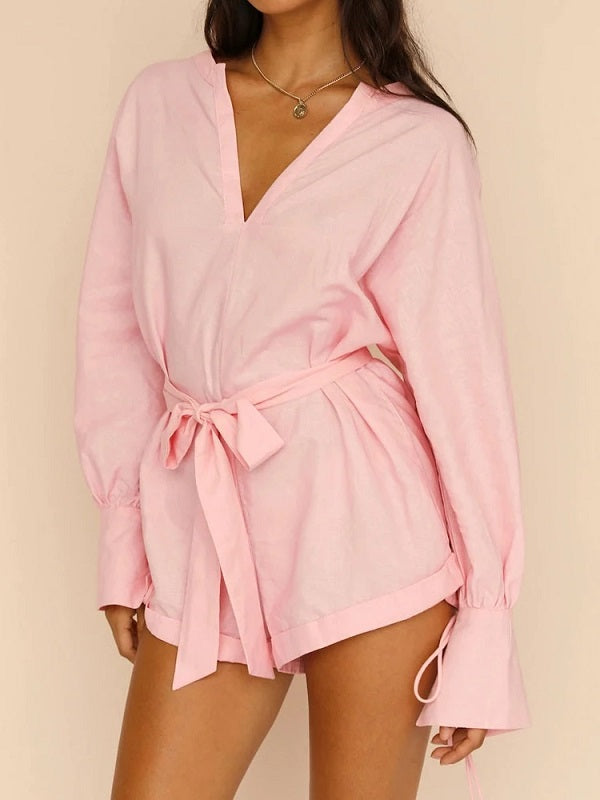 Casual Solid Lace Up V-Neck Long Sleeve Jumpsuits Mssza