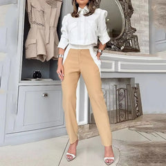 Casual Solid Lapel Patchwork Long Sleeve Top With Pockets Pants Two Piece Set Mssza