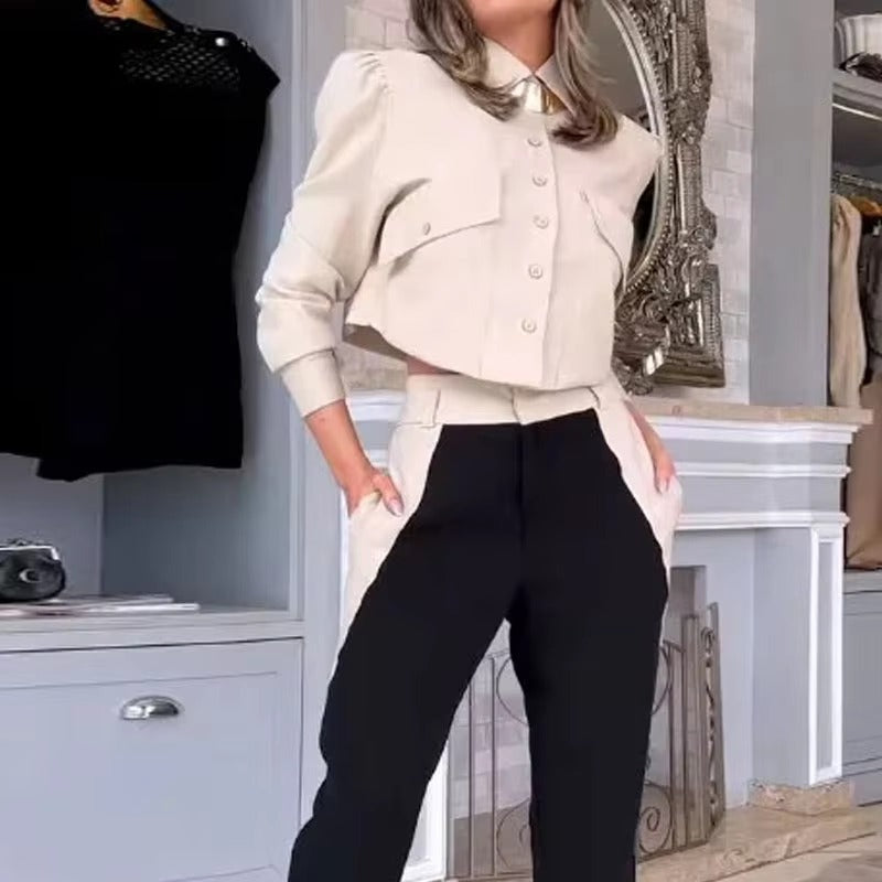 Casual Solid Lapel Patchwork Long Sleeve Top With Pockets Pants Two Piece Set Mssza