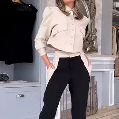 Casual Solid Lapel Patchwork Long Sleeve Top With Pockets Pants Two Piece Set Mssza