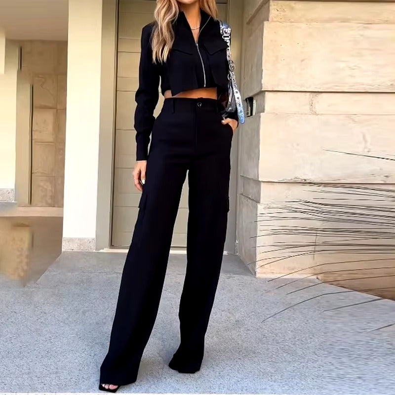 Casual Solid Lapel Zipper Long Sleeve Solid Top And Pants Two Piece Set Mssza
