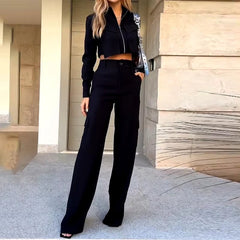 Casual Solid Lapel Zipper Long Sleeve Solid Top And Pants Two Piece Set Mssza