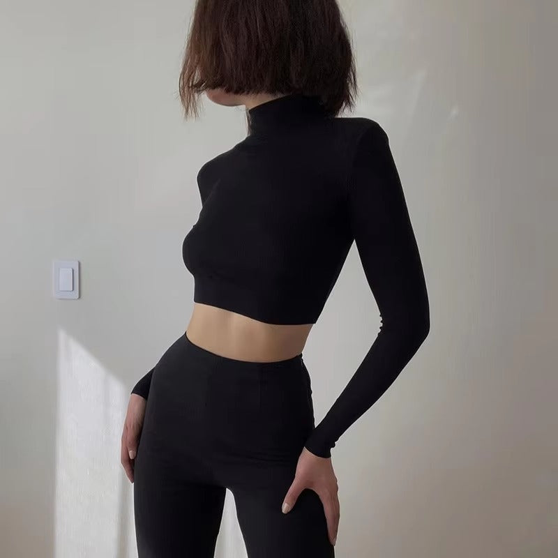 Casual Solid Nude Turtleneck Skinny Cropped T Shirt Mssza