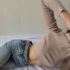 Casual Solid Nude Turtleneck Skinny Cropped T Shirt Mssza
