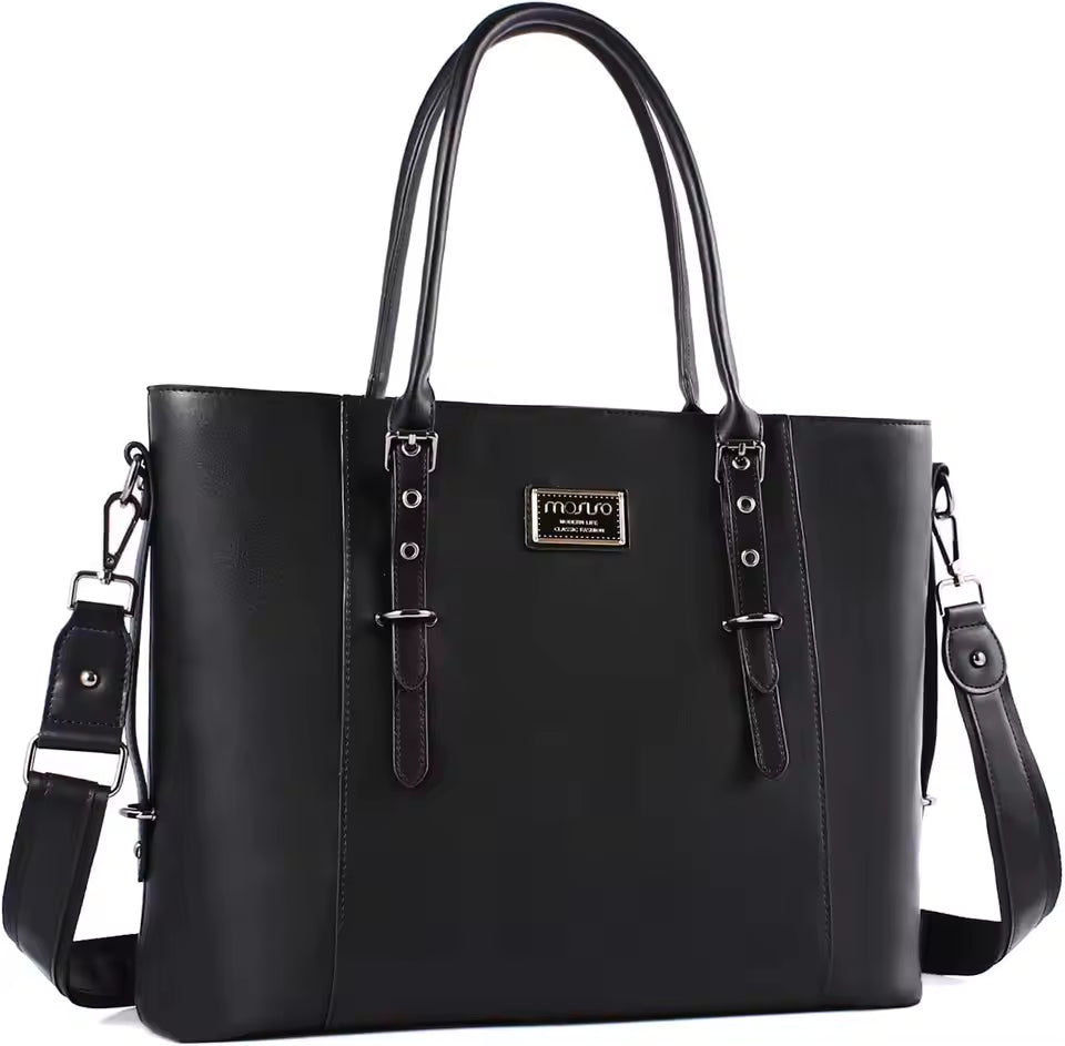 Casual Solid PU Leather Zipper Large Capacity Briefcase Laptop Tote Shoulder Bag Mssza