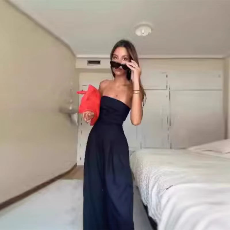 Casual Solid Pleated Strapless Sleeveless Backless Wide Leg Jumpsuit Mssza
