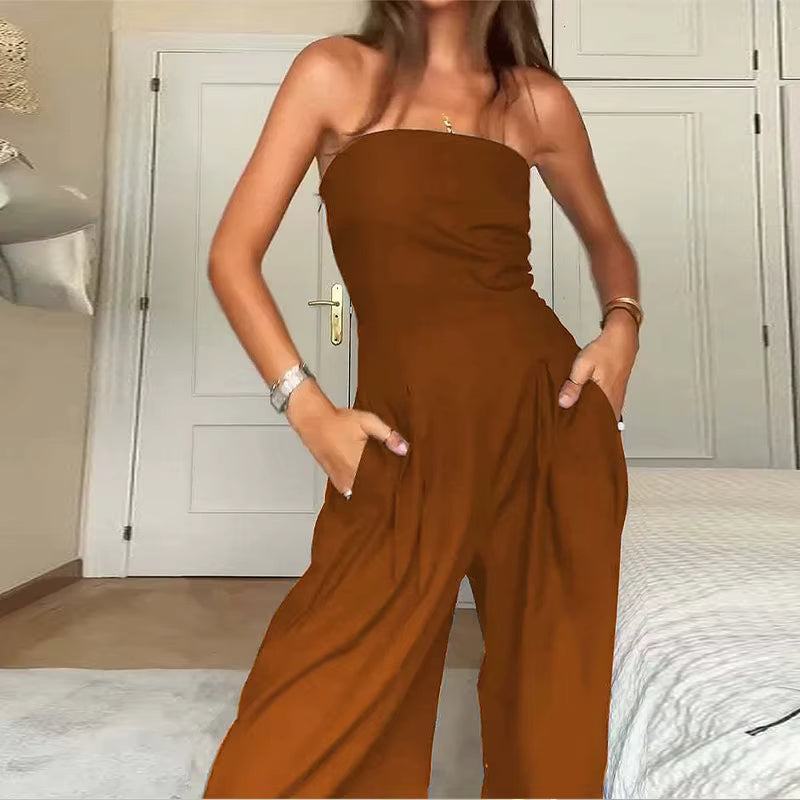 Casual Solid Pleated Strapless Sleeveless Backless Wide Leg Jumpsuit Mssza