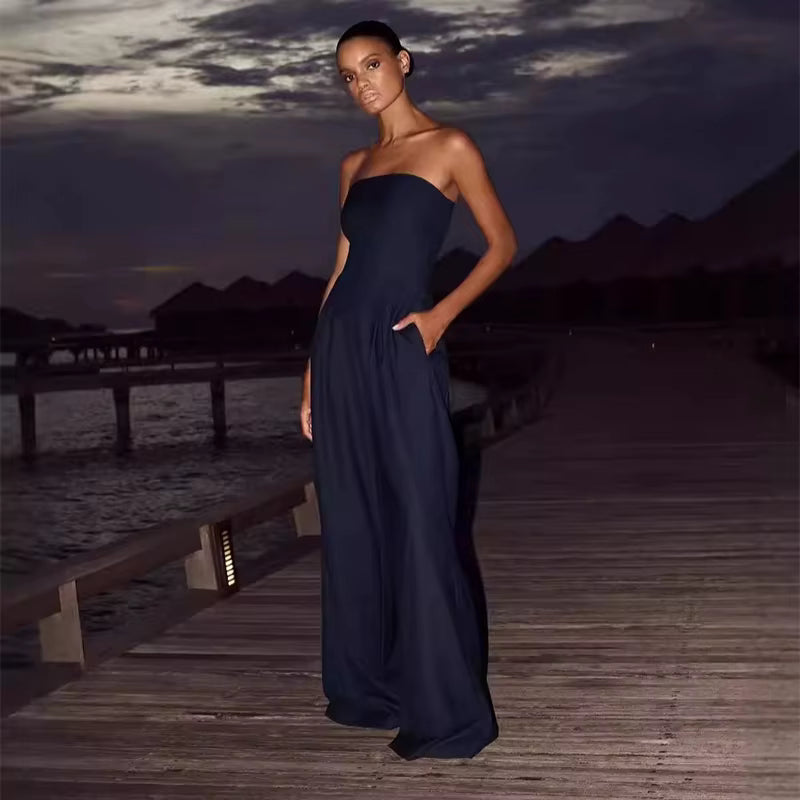 Casual Solid Pleated Strapless Sleeveless Backless Wide Leg Jumpsuit Mssza