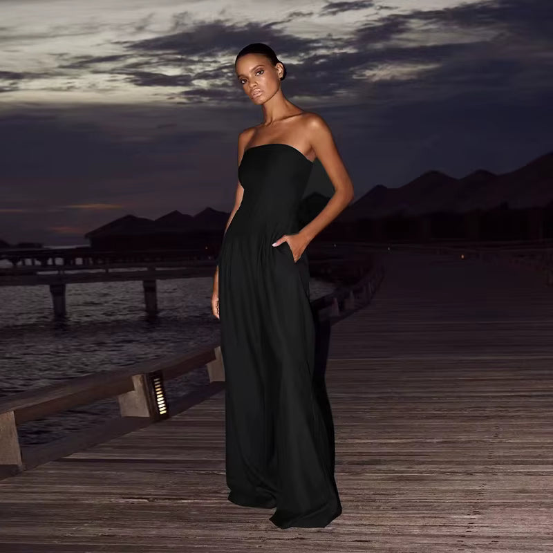 Casual Solid Pleated Strapless Sleeveless Backless Wide Leg Jumpsuit Mssza