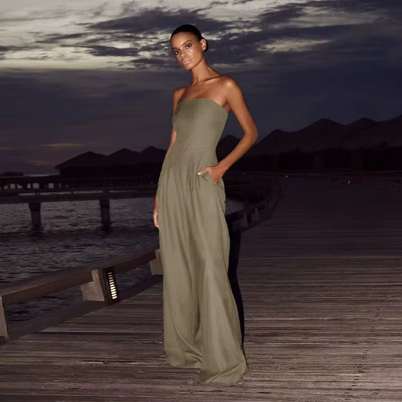 Casual Solid Pleated Strapless Sleeveless Backless Wide Leg Jumpsuit Mssza