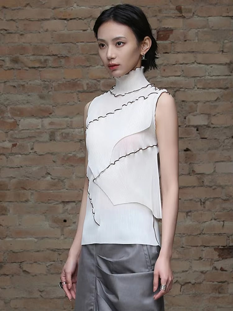 Casual Solid Pleated Turtleneck Sleeveless High Elastic T-shirt Mssza