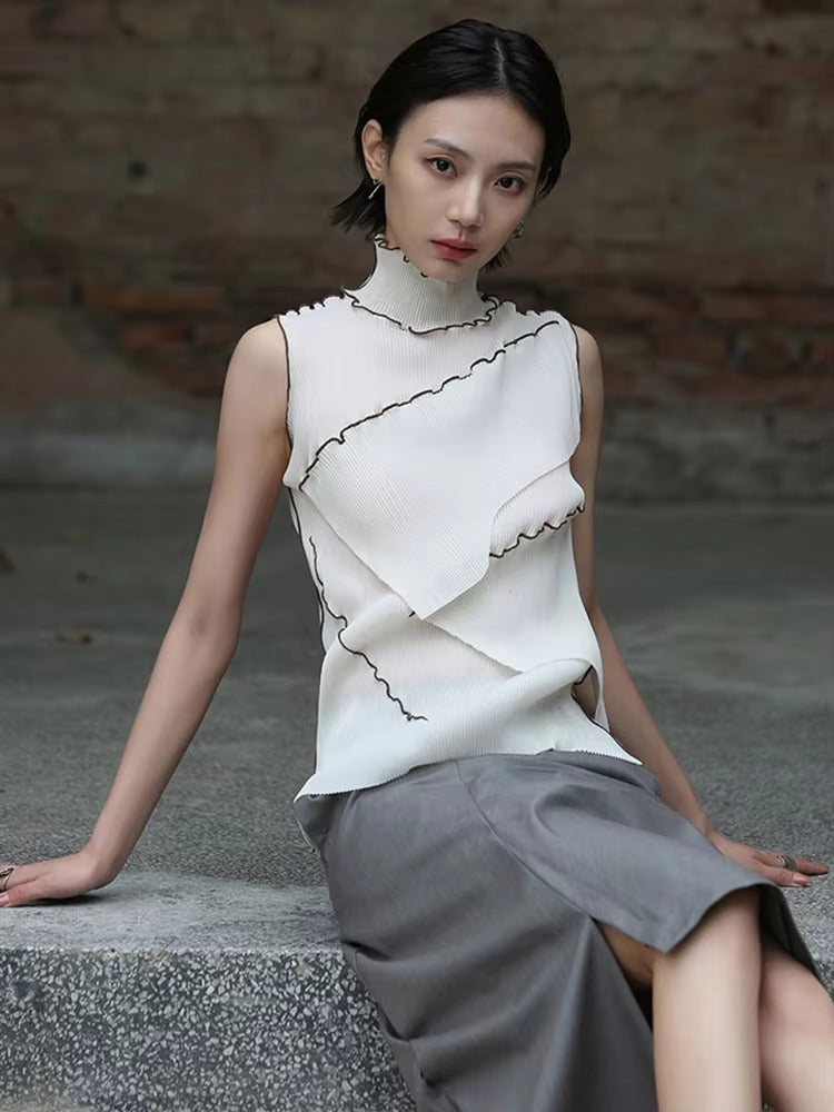 Casual Solid Pleated Turtleneck Sleeveless High Elastic T-shirt Mssza
