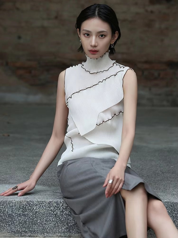 Casual Solid Pleated Turtleneck Sleeveless High Elastic T-shirt Mssza
