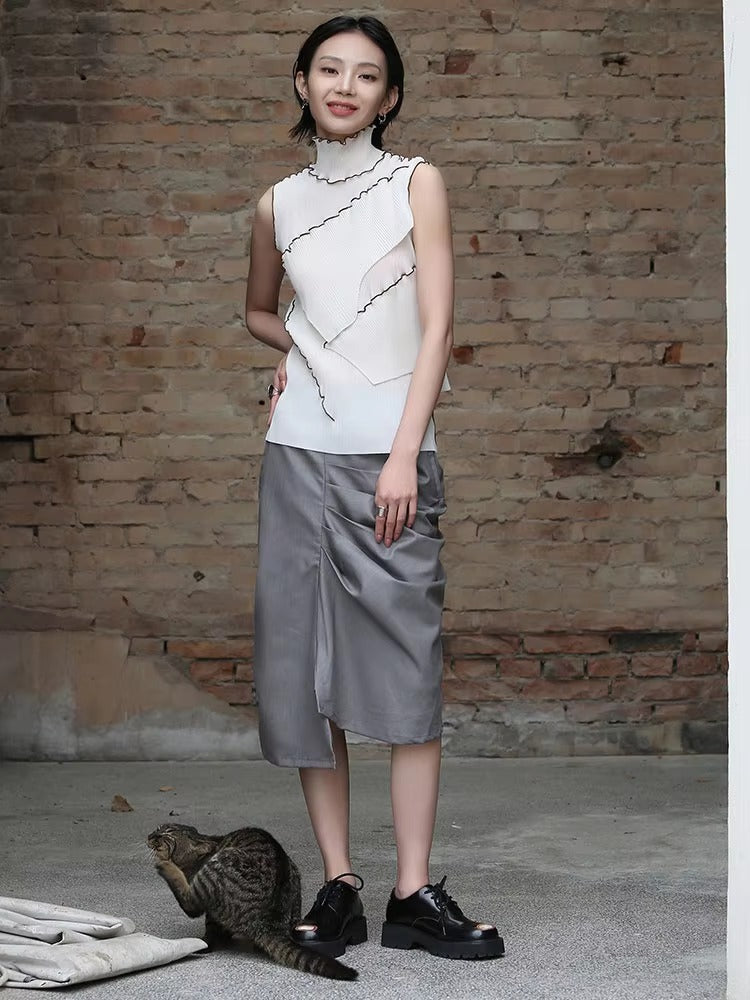 Casual Solid Pleated Turtleneck Sleeveless High Elastic T-shirt Mssza