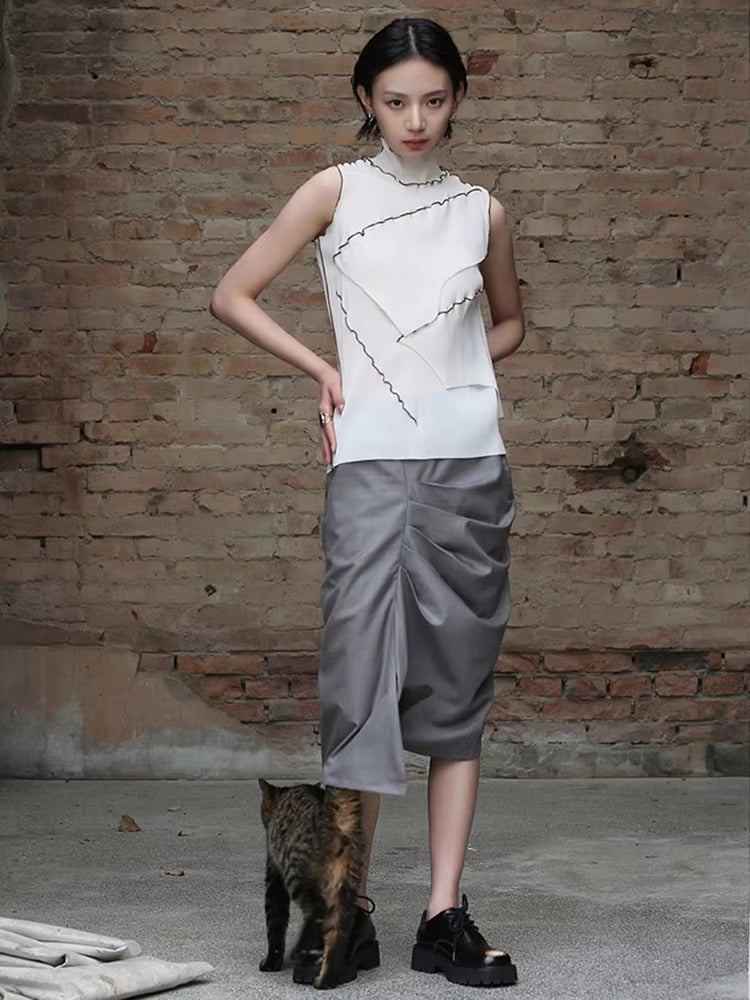 Casual Solid Pleated Turtleneck Sleeveless High Elastic T-shirt Mssza