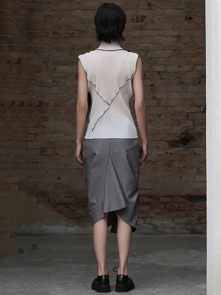 Casual Solid Pleated Turtleneck Sleeveless High Elastic T-shirt Mssza