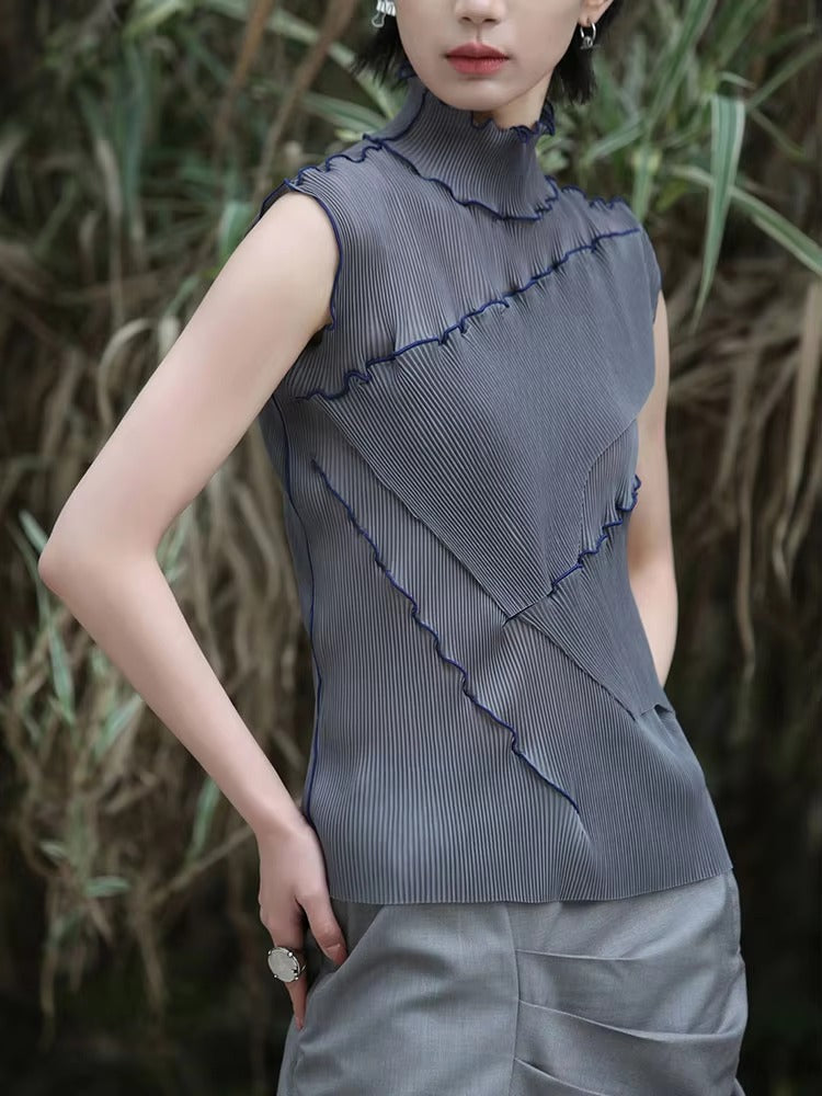 Casual Solid Pleated Turtleneck Sleeveless High Elastic T-shirt Mssza