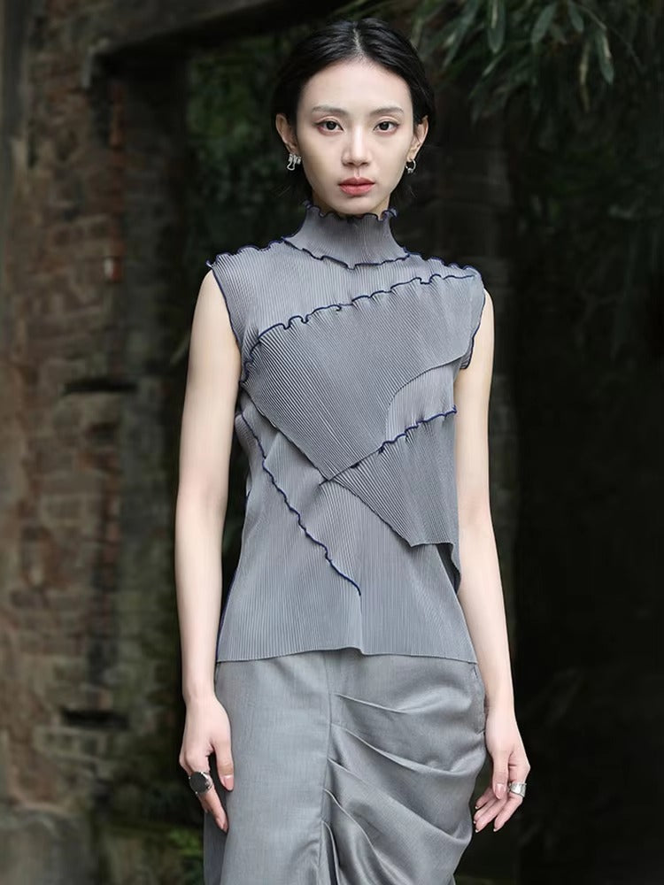 Casual Solid Pleated Turtleneck Sleeveless High Elastic T-shirt Mssza