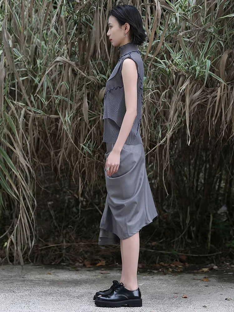 Casual Solid Pleated Turtleneck Sleeveless High Elastic T-shirt Mssza