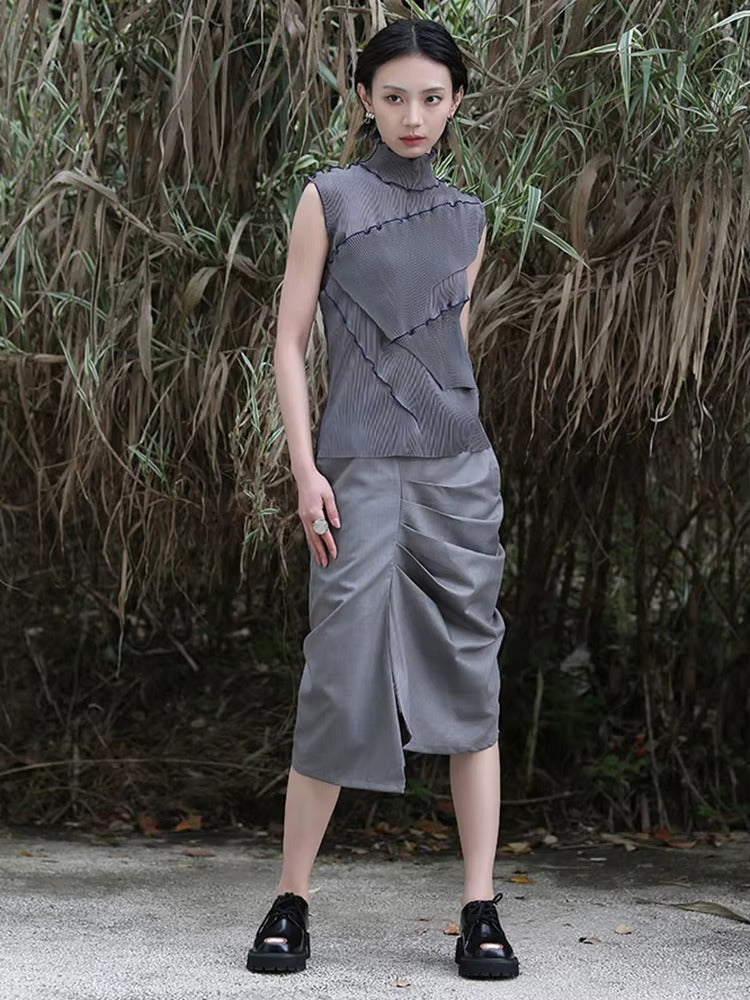 Casual Solid Pleated Turtleneck Sleeveless High Elastic T-shirt Mssza