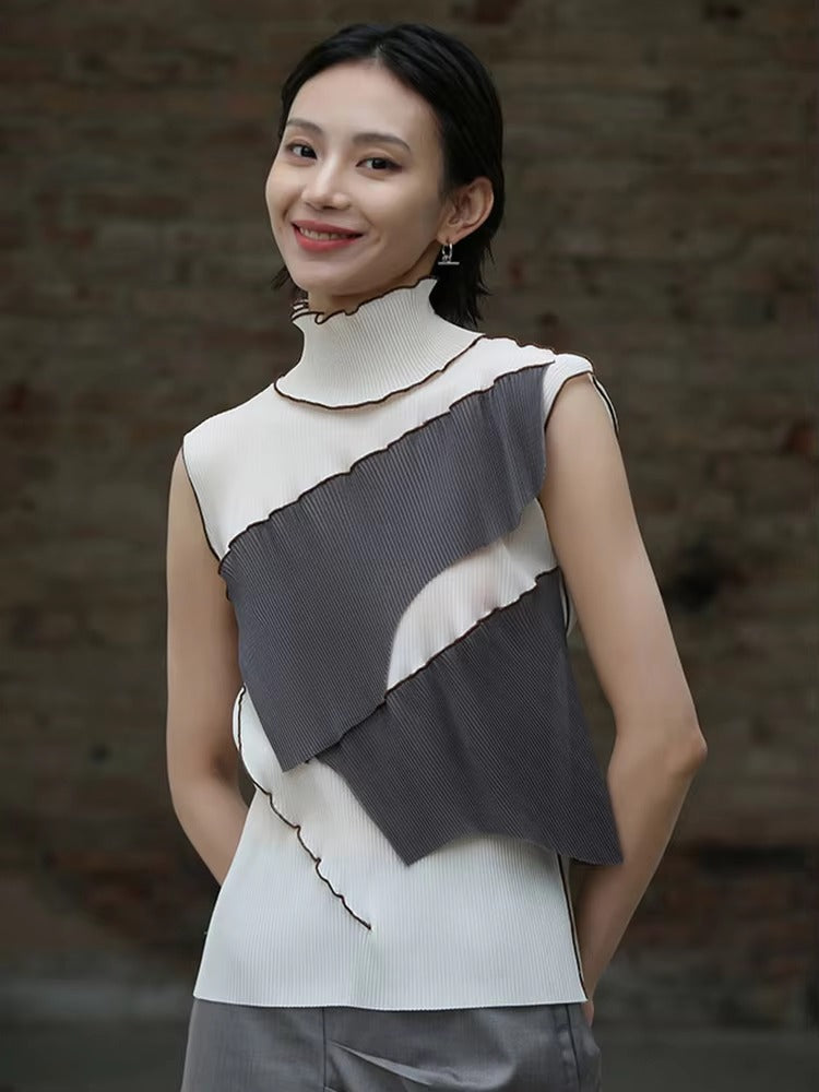 Casual Solid Pleated Turtleneck Sleeveless High Elastic T-shirt Mssza