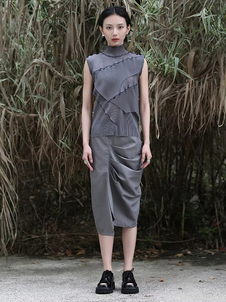 Casual Solid Pleated Turtleneck Sleeveless High Elastic T-shirt Mssza