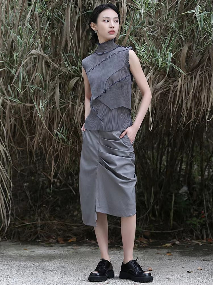 Casual Solid Pleated Turtleneck Sleeveless High Elastic T-shirt Mssza