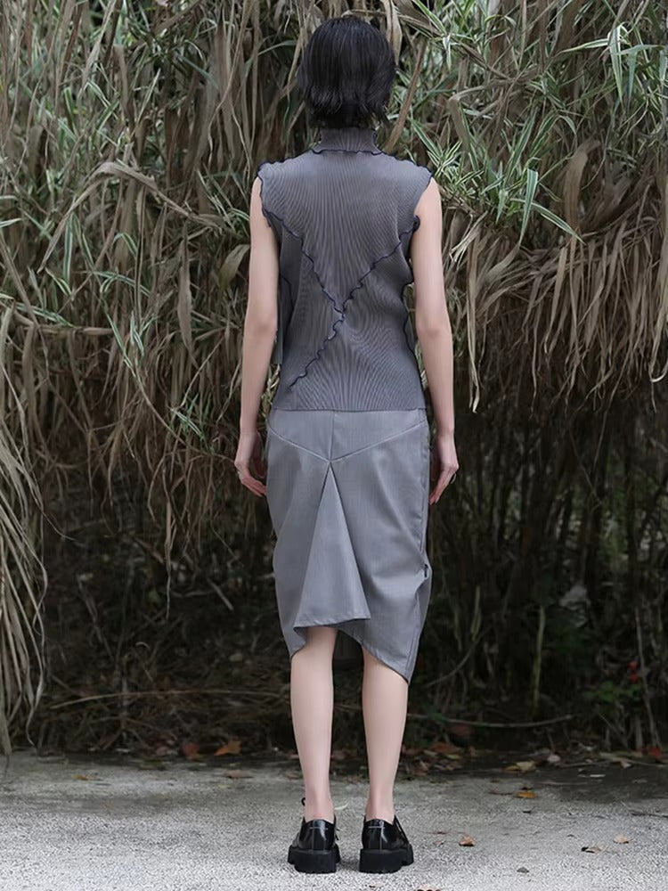 Casual Solid Pleated Turtleneck Sleeveless High Elastic T-shirt Mssza