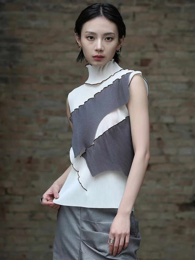Casual Solid Pleated Turtleneck Sleeveless High Elastic T-shirt Mssza
