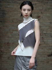 Casual Solid Pleated Turtleneck Sleeveless High Elastic T-shirt Mssza