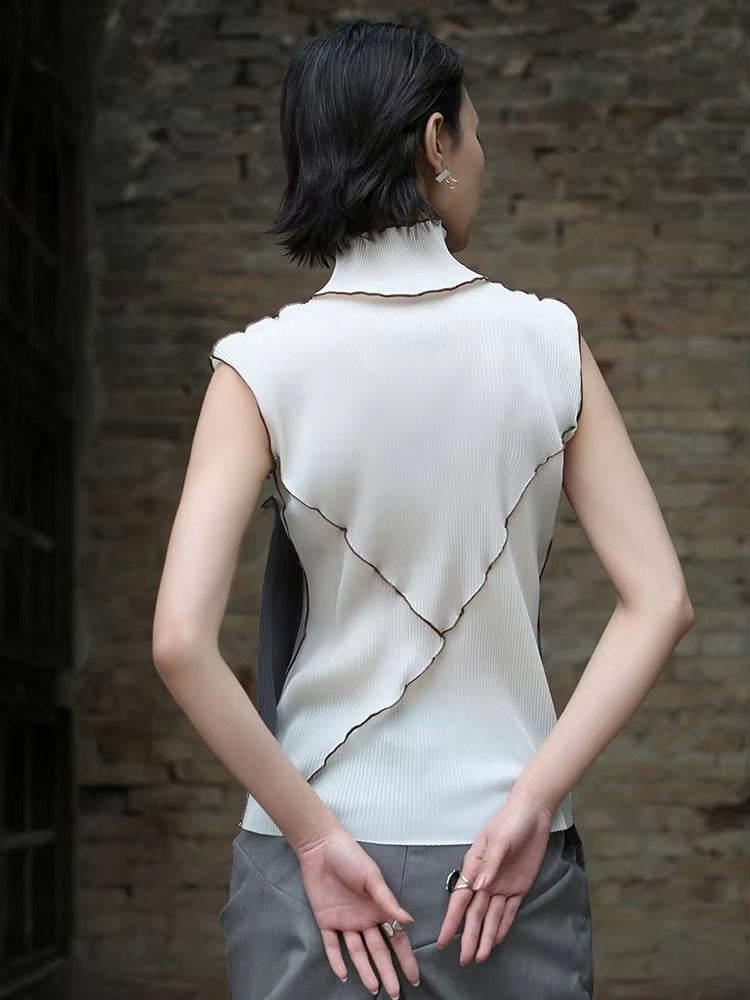 Casual Solid Pleated Turtleneck Sleeveless High Elastic T-shirt Mssza