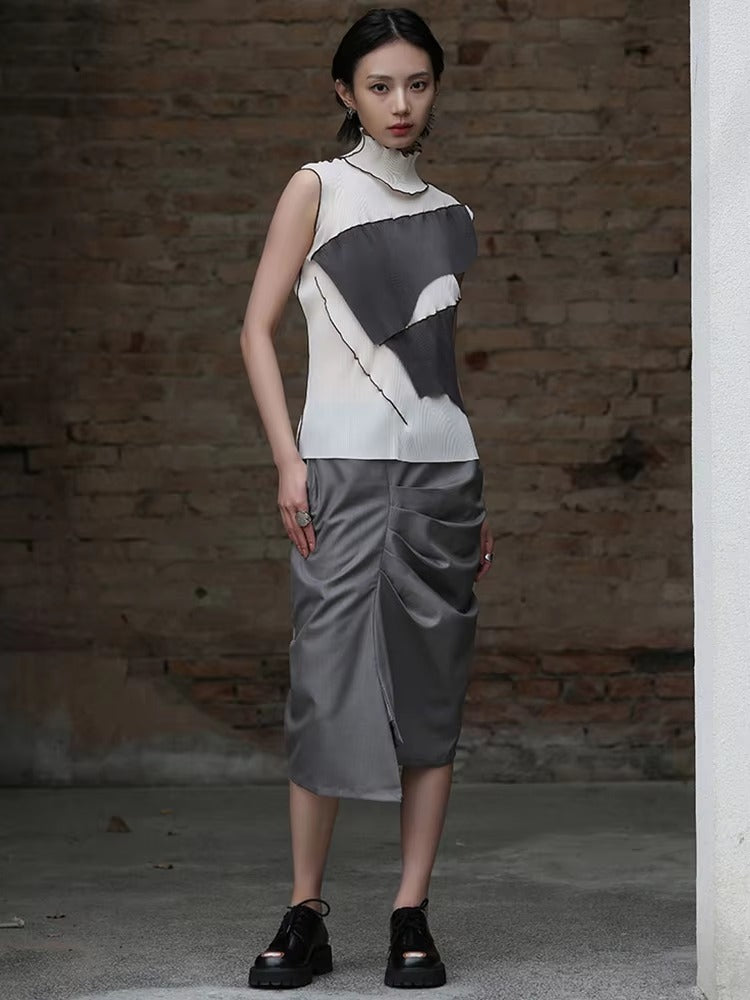Casual Solid Pleated Turtleneck Sleeveless High Elastic T-shirt Mssza