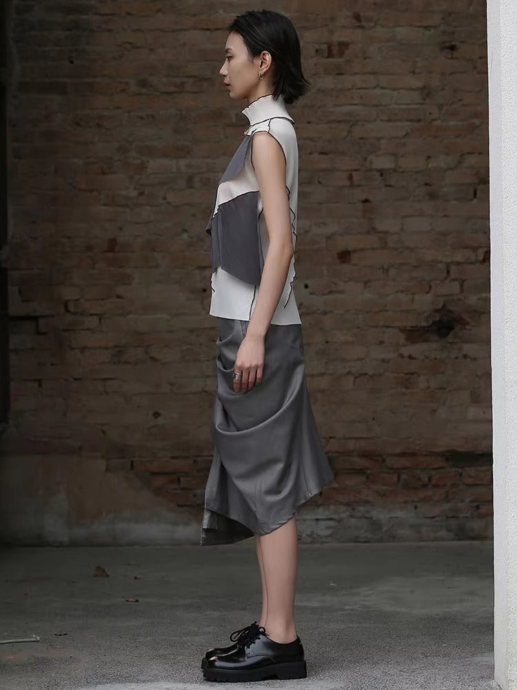 Casual Solid Pleated Turtleneck Sleeveless High Elastic T-shirt Mssza