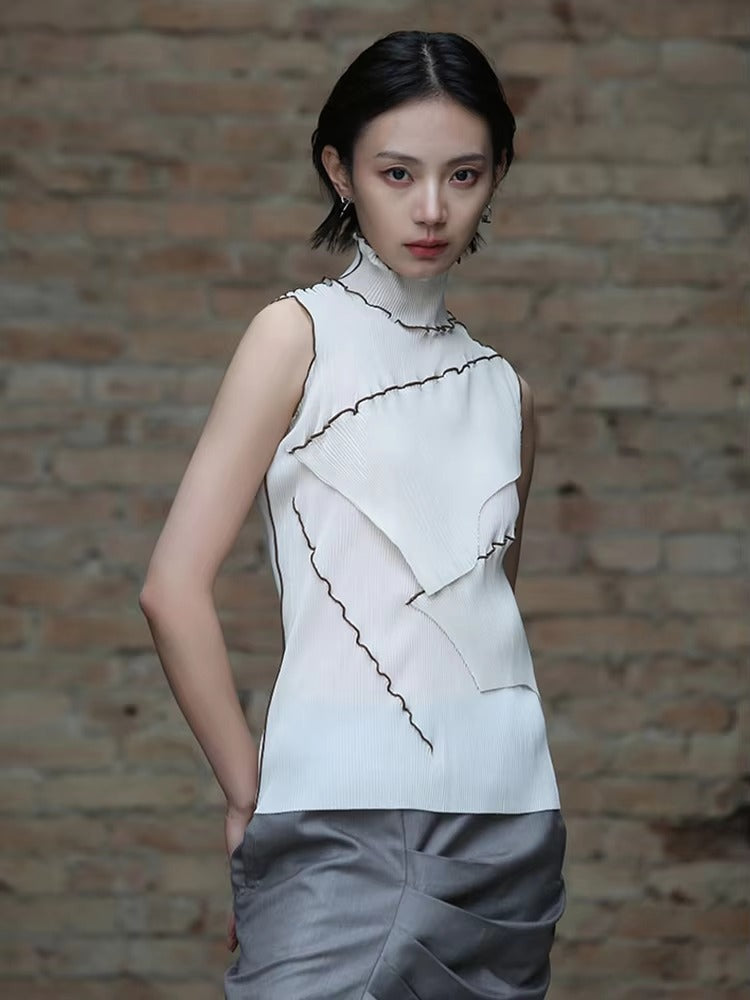 Casual Solid Pleated Turtleneck Sleeveless High Elastic T-shirt Mssza