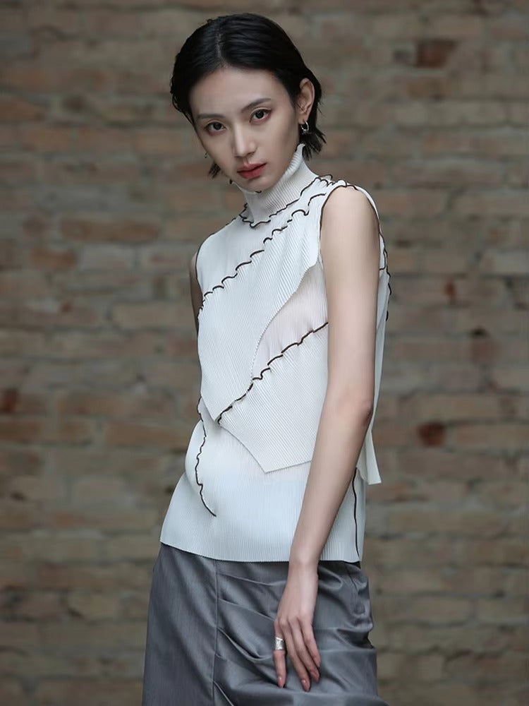 Casual Solid Pleated Turtleneck Sleeveless High Elastic T-shirt Mssza