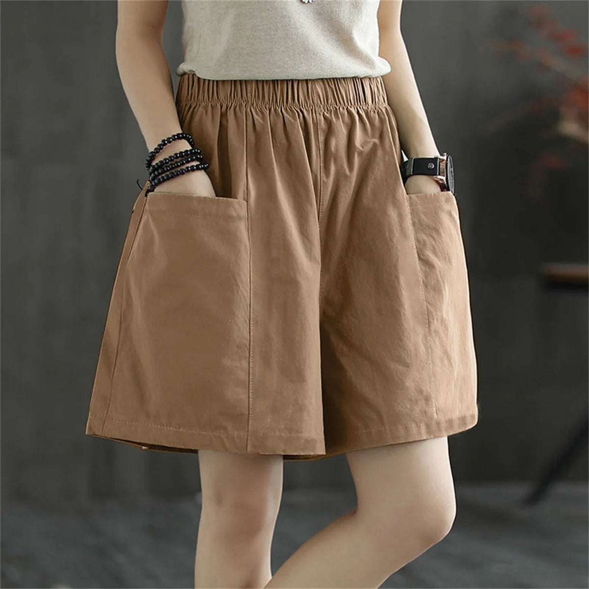 Casual Solid Pocket Elastic Waist Street Straight Cargo Short Pants Mssza