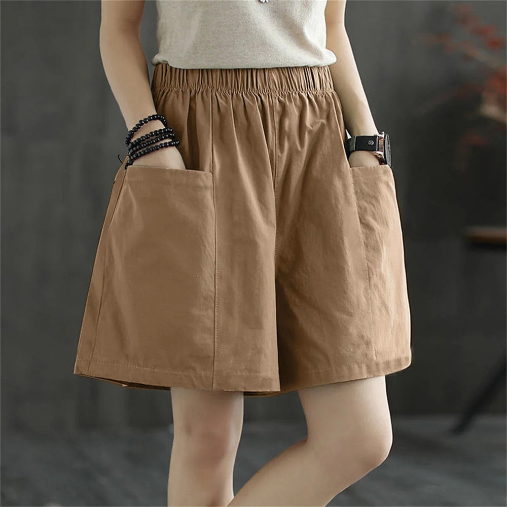 Casual Solid Pocket Elastic Waist Street Straight Cargo Short Pants Mssza