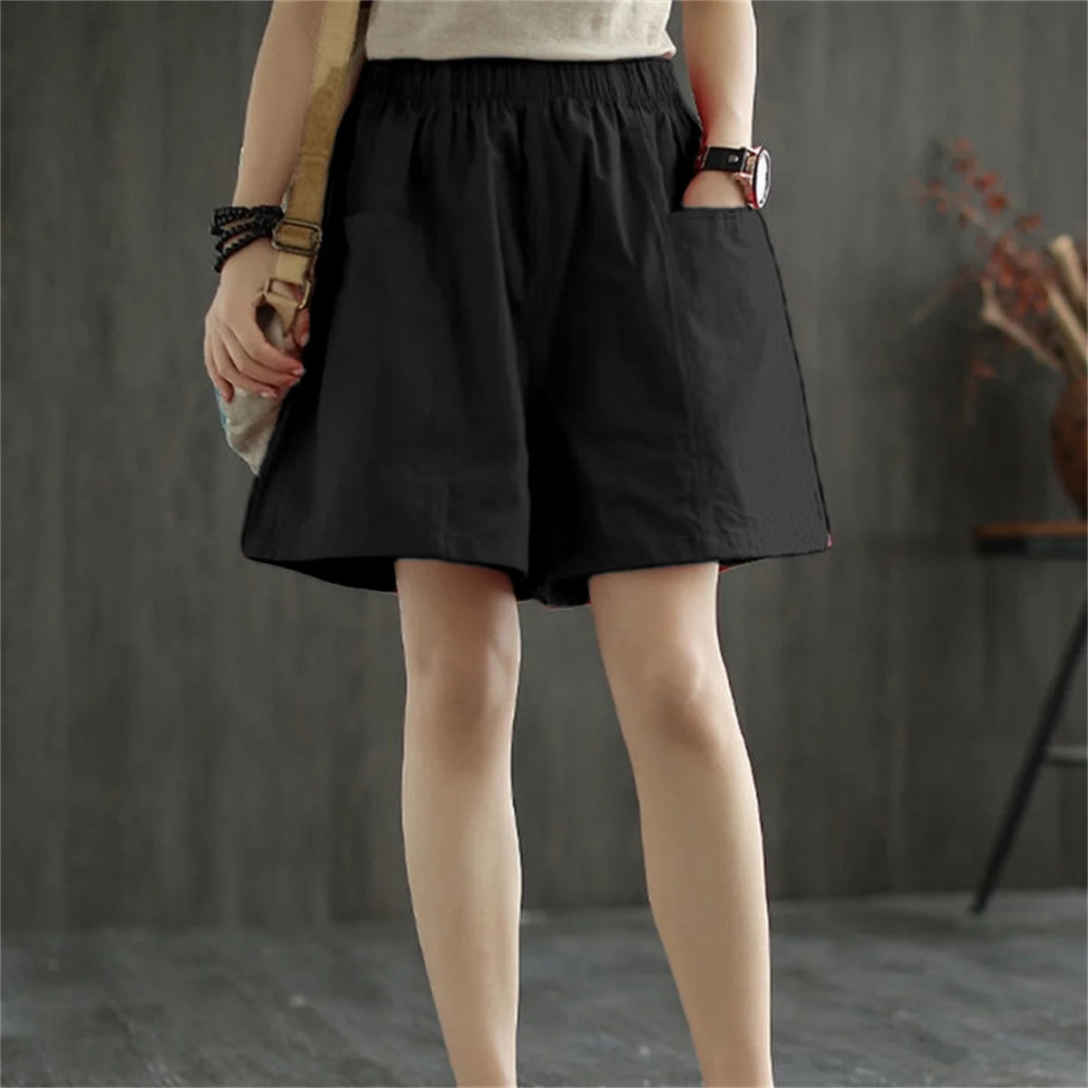 Casual Solid Pocket Elastic Waist Street Straight Cargo Short Pants Mssza