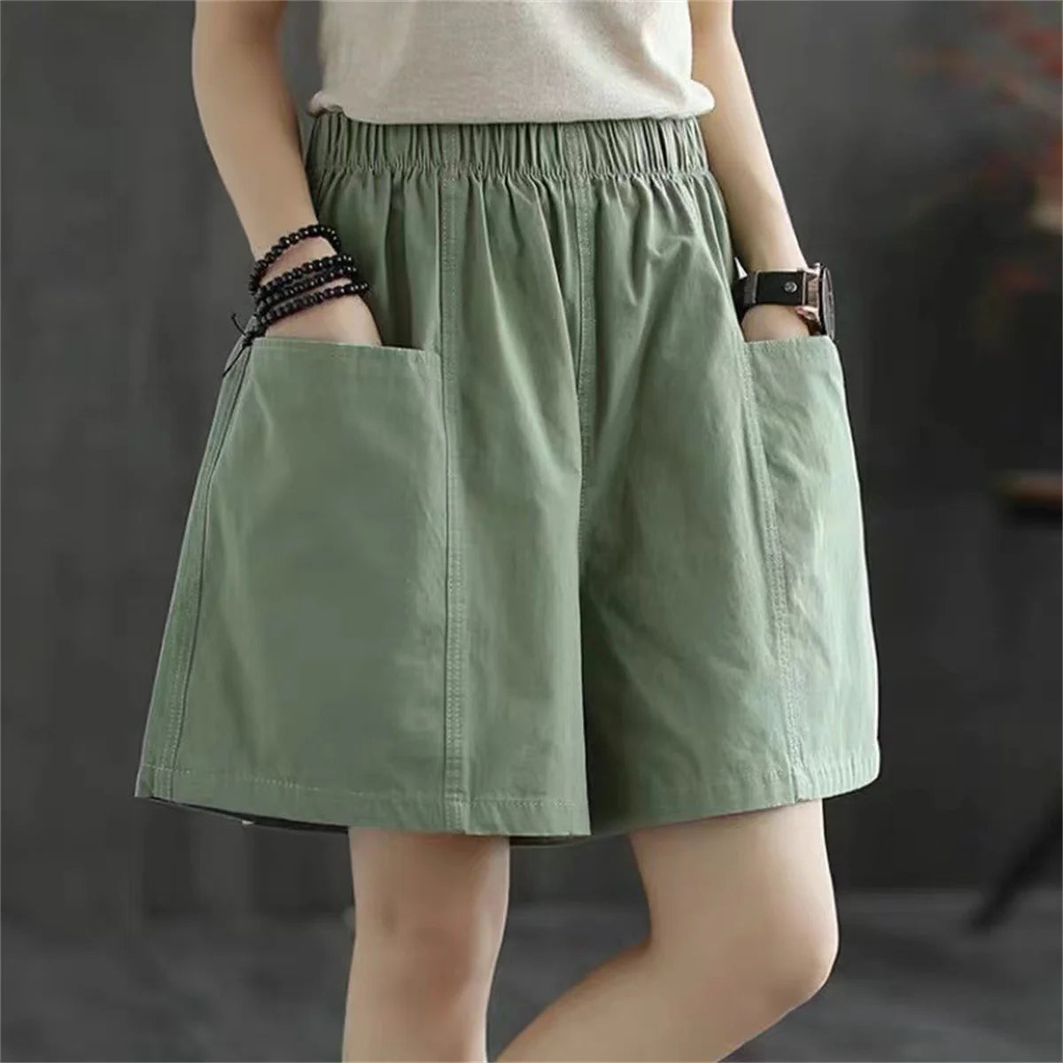Casual Solid Pocket Elastic Waist Street Straight Cargo Short Pants Mssza
