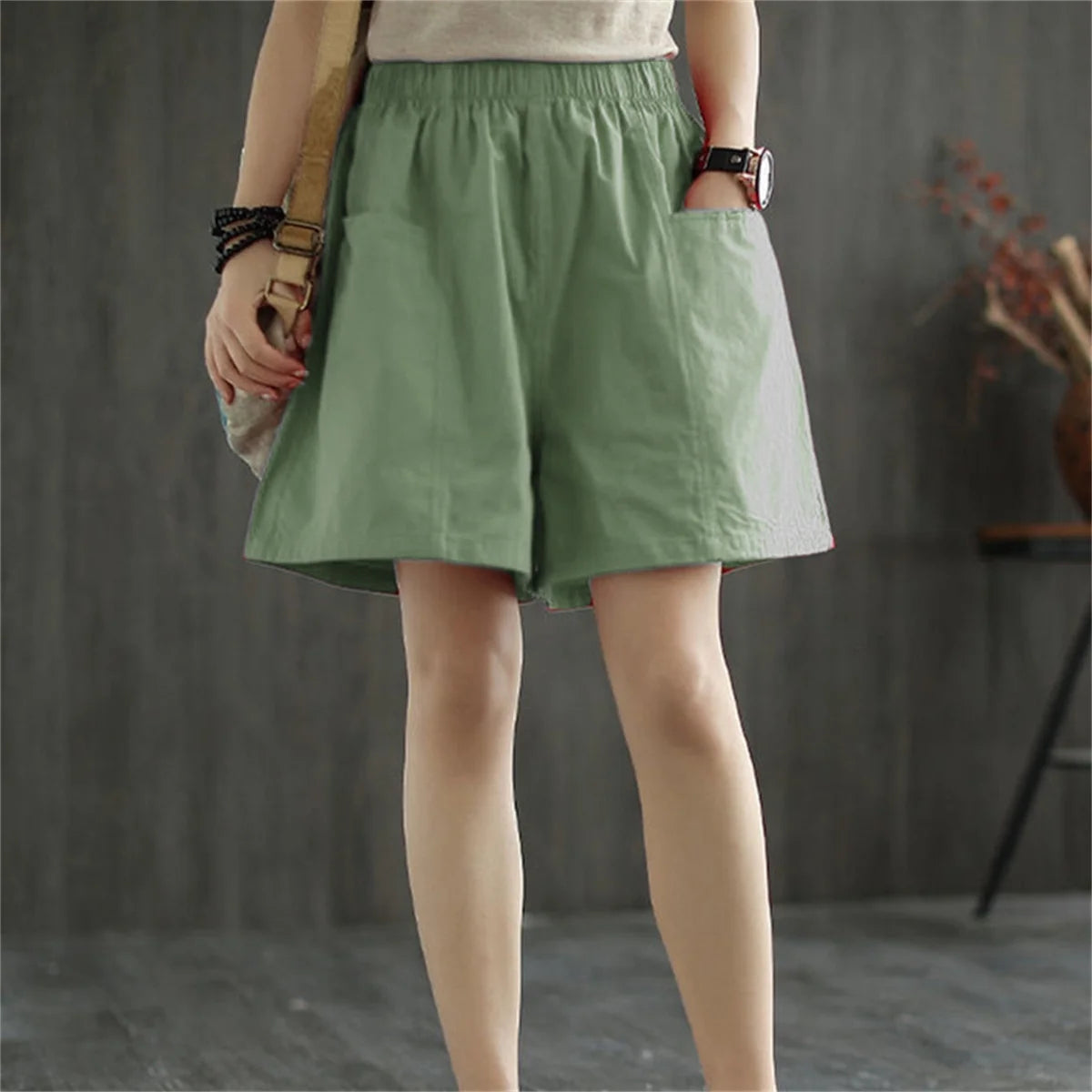 Casual Solid Pocket Elastic Waist Street Straight Cargo Short Pants Mssza
