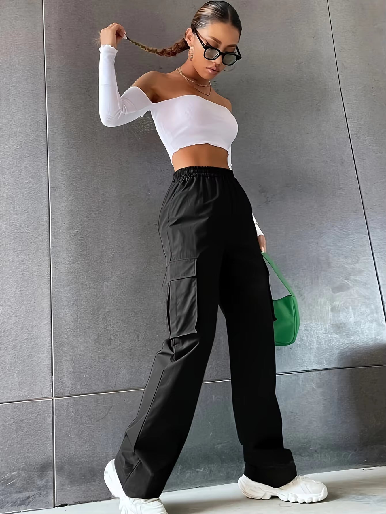 Casual Solid Pocket Wide Leg Baggy Trousers Streetwear Long Sweatpants Mssza