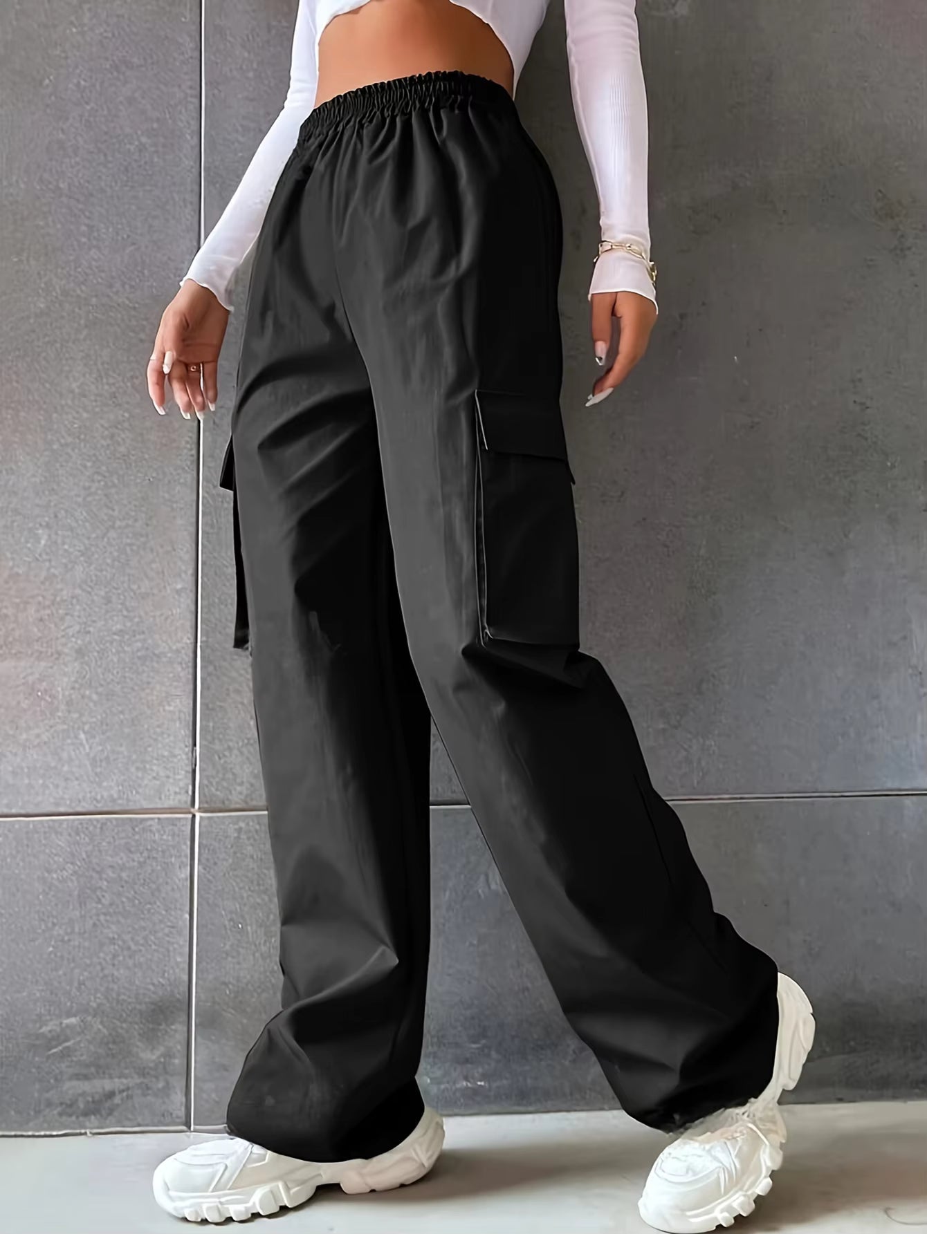 Casual Solid Pocket Wide Leg Baggy Trousers Streetwear Long Sweatpants Mssza
