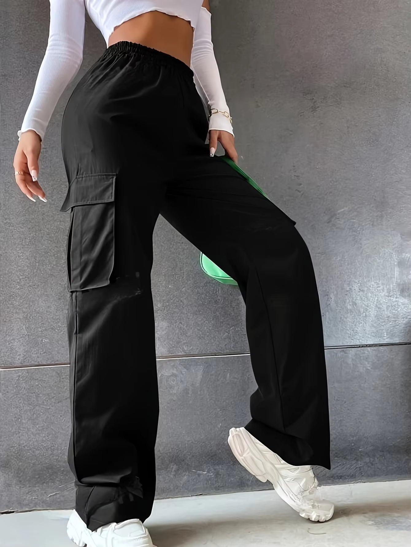 Casual Solid Pocket Wide Leg Baggy Trousers Streetwear Long Sweatpants Mssza