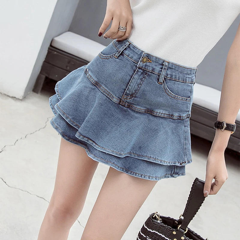 Casual Solid Ruffles High Waist Lined Denim Mini Skirts Mssza